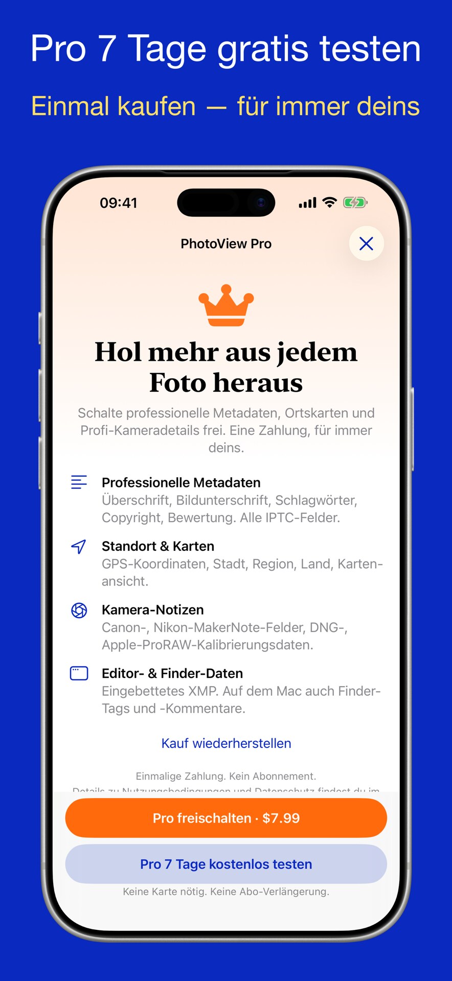 PhotoView Pro: ein einmaliger Kauf mit kostenloser 7-Tage-Testphase